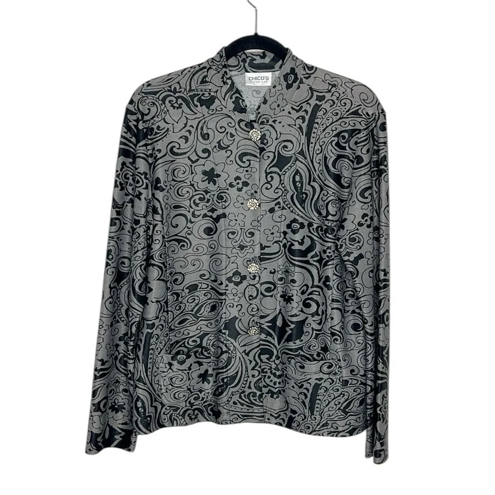 Chico’s Travelers Floral Paisley jeweled button blazer jacket size 2